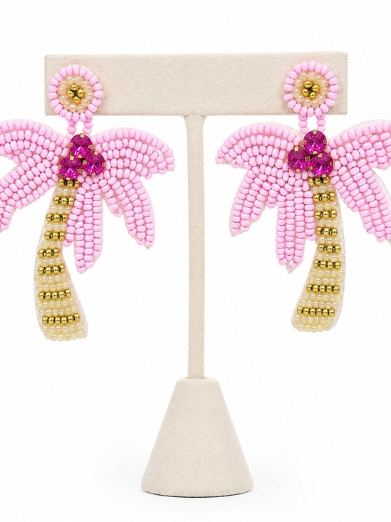 Jewelry - Beaded Pink Palm Tree Drop Earrings with Gold Accents